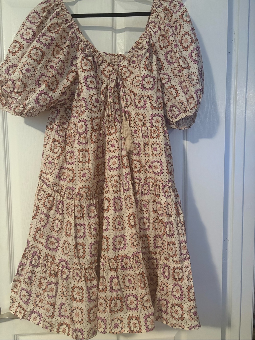 Cream Floral Midi Dress with Puff Sleeves